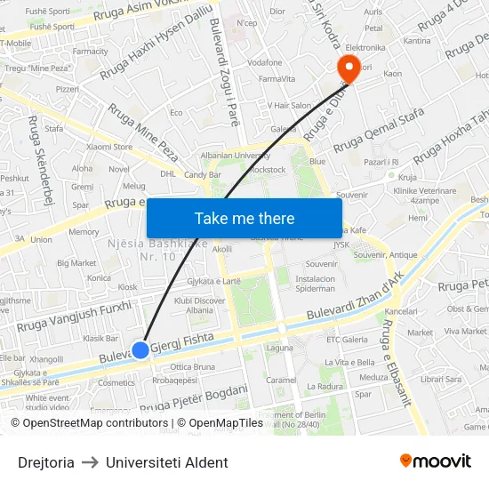 Drejtoria to Universiteti Aldent map