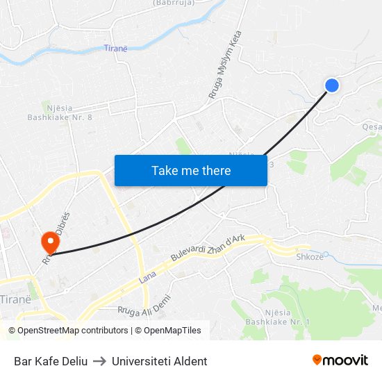 Bar Kafe Deliu to Universiteti Aldent map