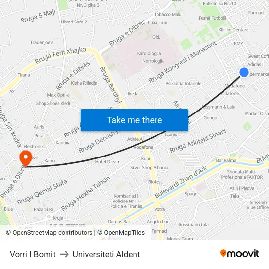 Vorri I Bomit to Universiteti Aldent map