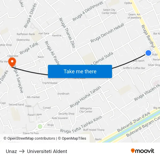 Unaz to Universiteti Aldent map