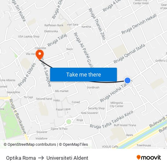 Optika Roma to Universiteti Aldent map