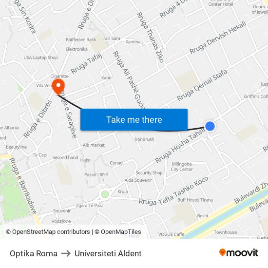 Optika Roma to Universiteti Aldent map