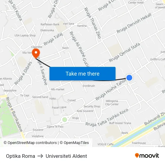 Optika Roma to Universiteti Aldent map