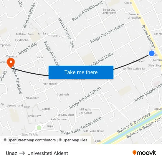 Unaz to Universiteti Aldent map