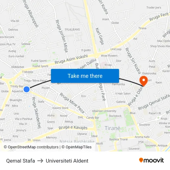 Qemal Stafa to Universiteti Aldent map