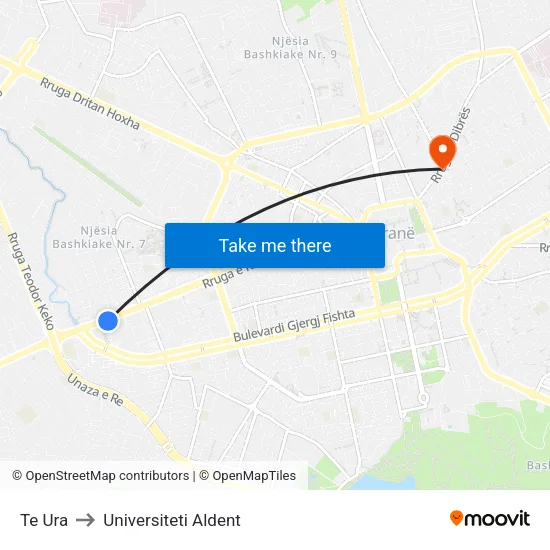 Te Ura to Universiteti Aldent map