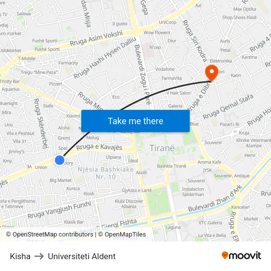Kisha to Universiteti Aldent map