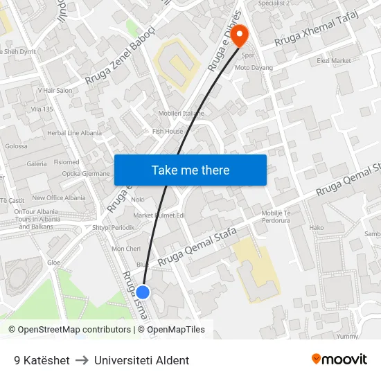 9 Katëshet to Universiteti Aldent map