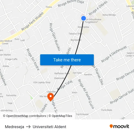Medreseja to Universiteti Aldent map