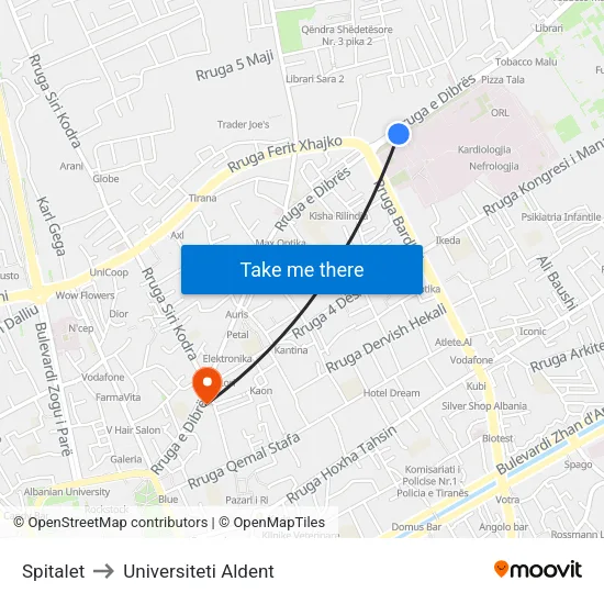 Spitalet to Universiteti Aldent map