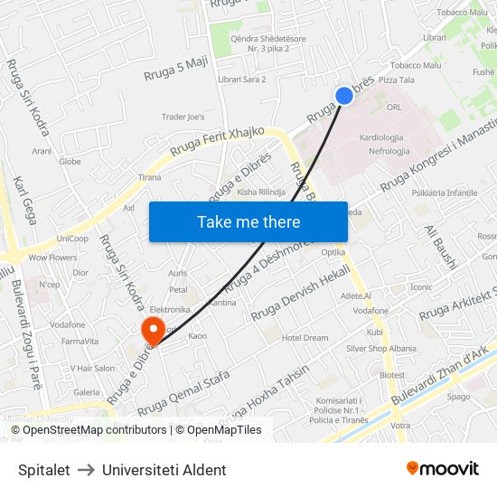 Spitalet to Universiteti Aldent map