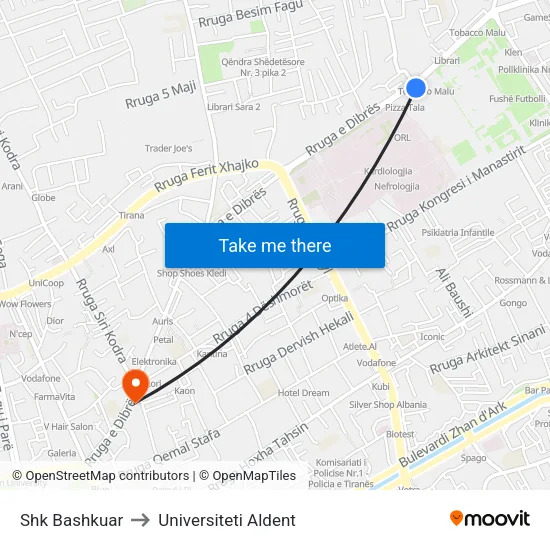 Shk Bashkuar to Universiteti Aldent map
