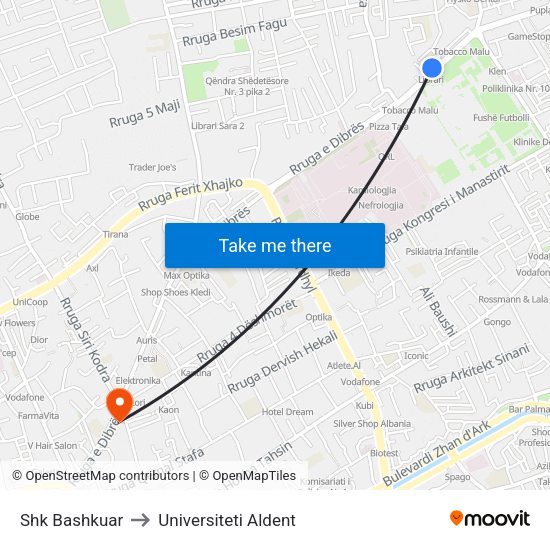 Shk Bashkuar to Universiteti Aldent map