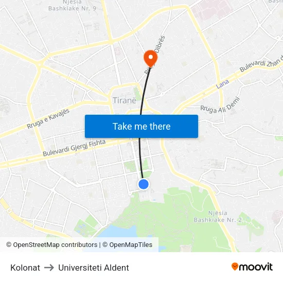 Kolonat to Universiteti Aldent map