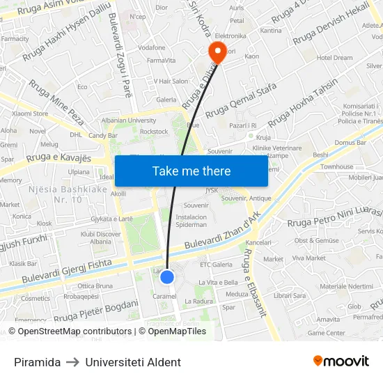 Piramida to Universiteti Aldent map