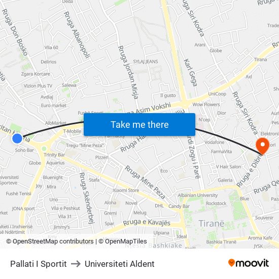 Pallati I Sportit to Universiteti Aldent map