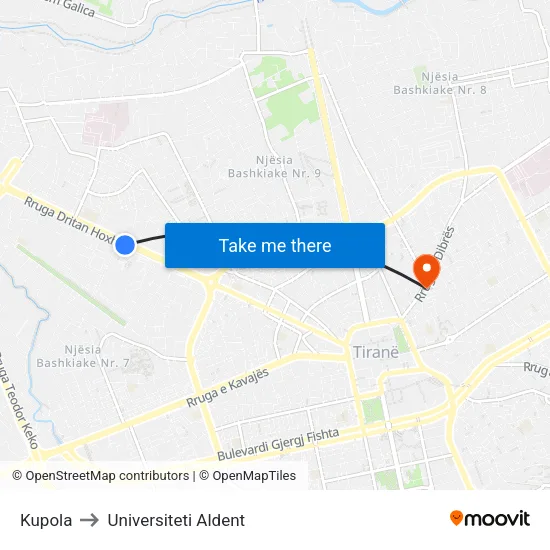 Kupola to Universiteti Aldent map