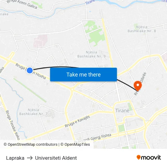 Lapraka to Universiteti Aldent map