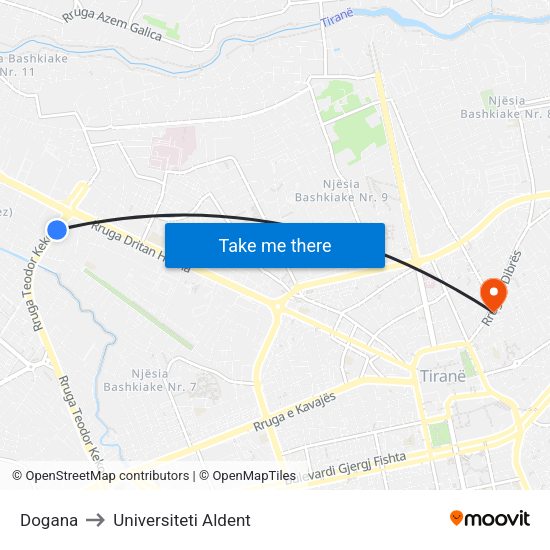 Dogana to Universiteti Aldent map