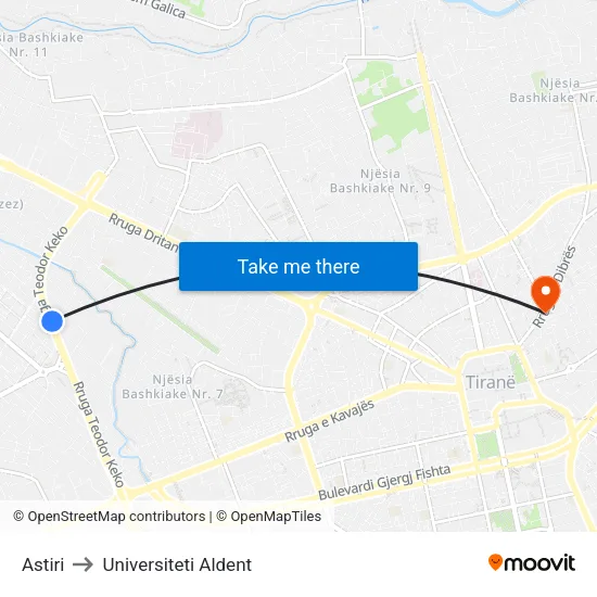 Astiri to Universiteti Aldent map