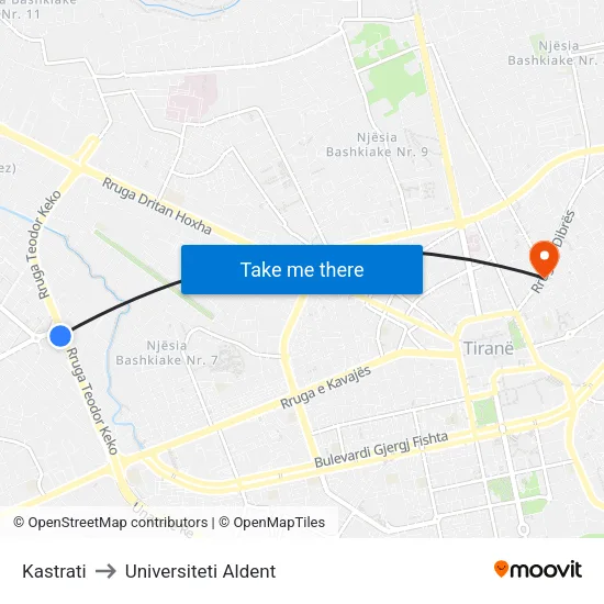 Kastrati to Universiteti Aldent map