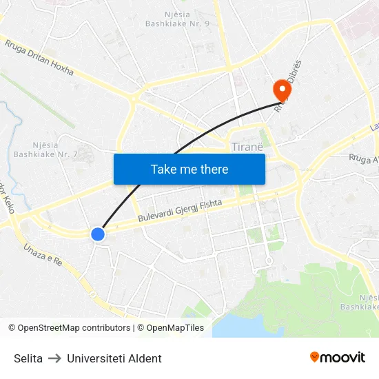 Selita to Universiteti Aldent map