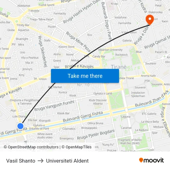 Vasil Shanto to Universiteti Aldent map