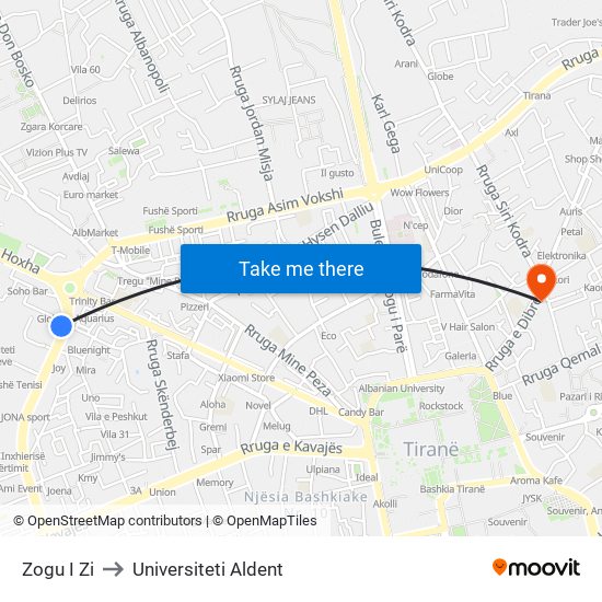 Zogu I Zi to Universiteti Aldent map