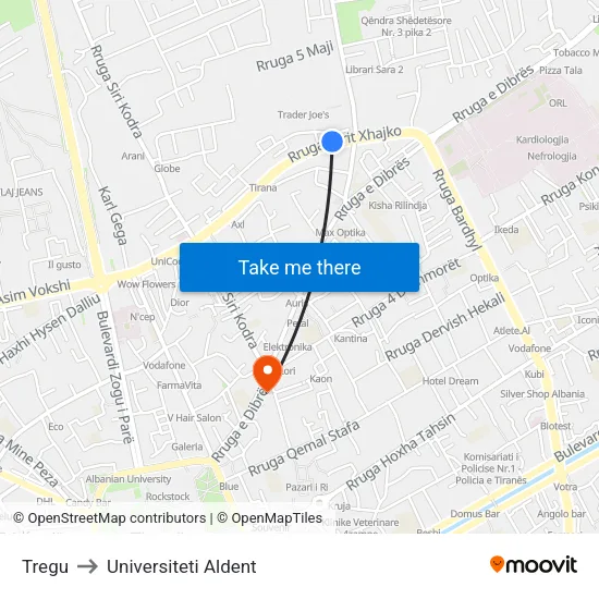 Tregu to Universiteti Aldent map