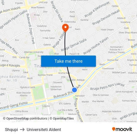 Shqupi to Universiteti Aldent map
