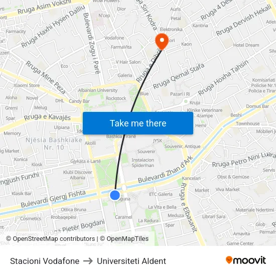 Stacioni Vodafone to Universiteti Aldent map