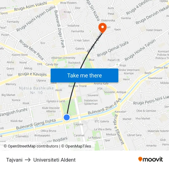 Tajvani to Universiteti Aldent map