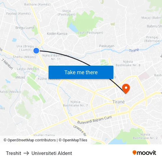 Treshit to Universiteti Aldent map