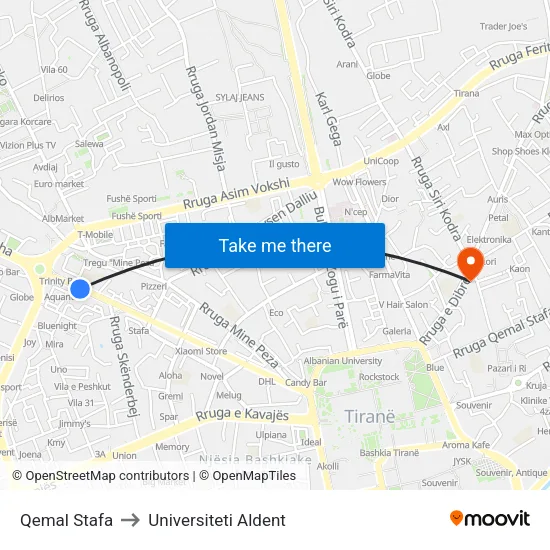 Qemal Stafa to Universiteti Aldent map