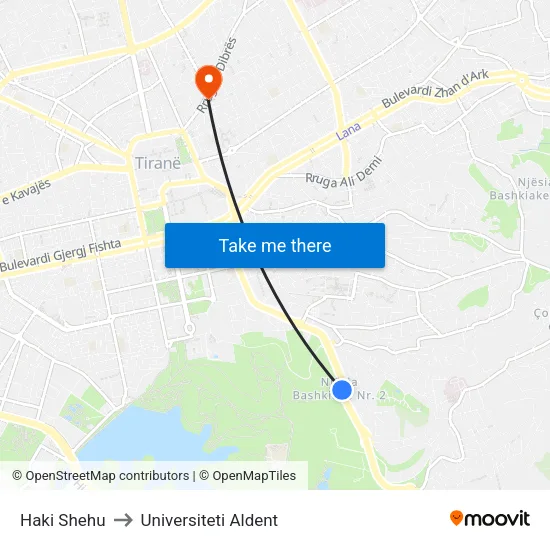 Haki Shehu to Universiteti Aldent map