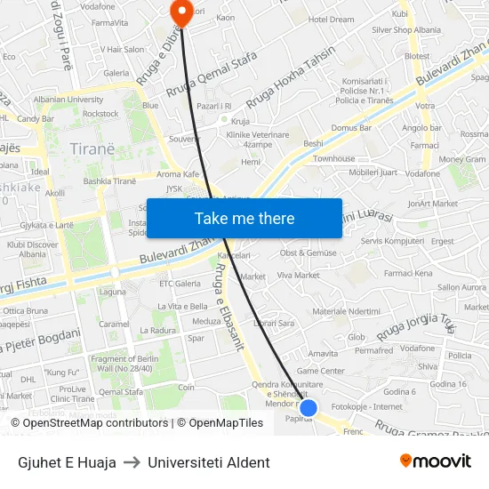 Gjuhet E Huaja to Universiteti Aldent map