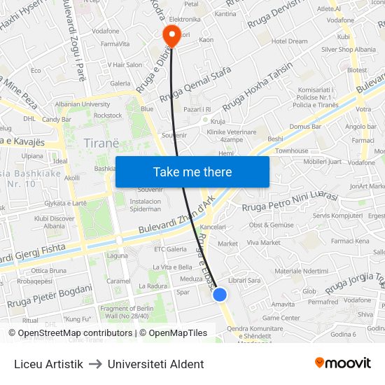 Liceu Artistik to Universiteti Aldent map