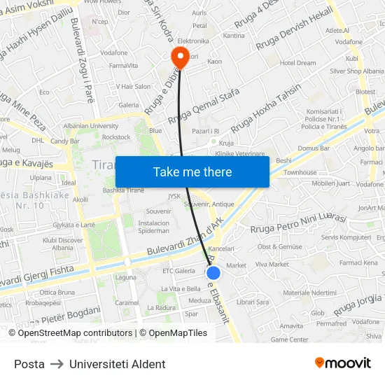 Posta to Universiteti Aldent map