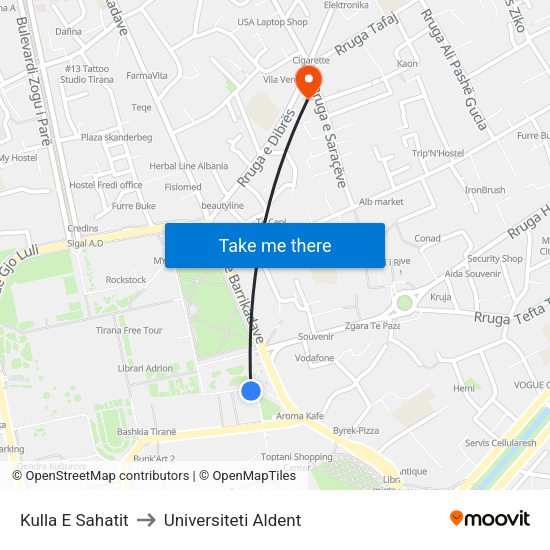Kulla E Sahatit to Universiteti Aldent map