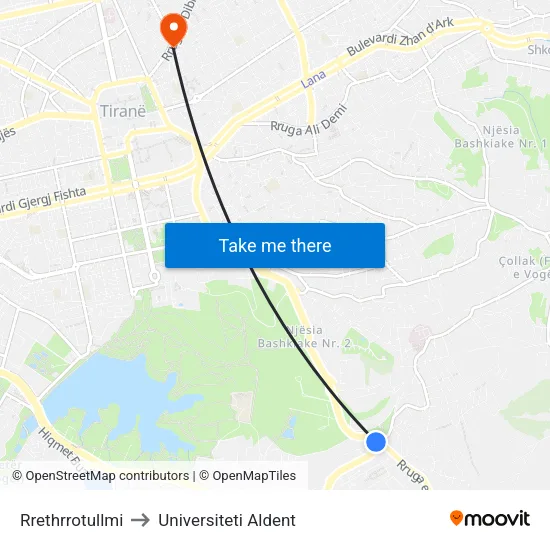 Rrethrrotullmi to Universiteti Aldent map