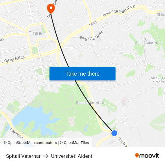 Spitali Veternar to Universiteti Aldent map