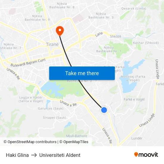 Haki Glina to Universiteti Aldent map