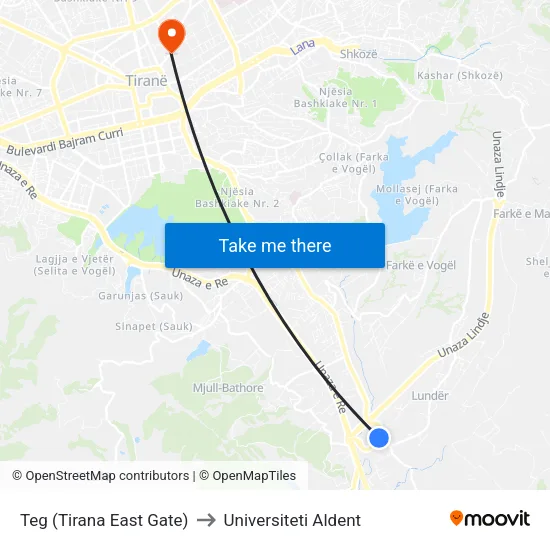 Teg (Tirana East Gate) to Universiteti Aldent map