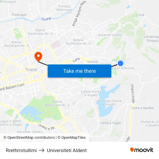 Rrethrrotullimi to Universiteti Aldent map