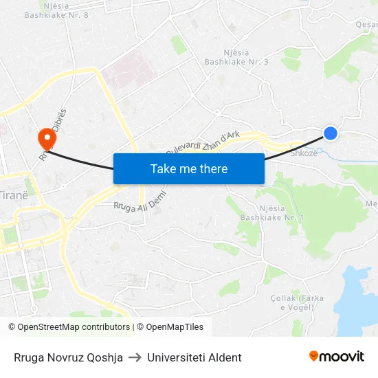 Rruga Novruz Qoshja to Universiteti Aldent map