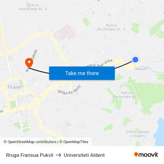 Rruga Fransua Pukvil to Universiteti Aldent map