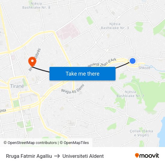 Rruga Fatmir Agalliu to Universiteti Aldent map