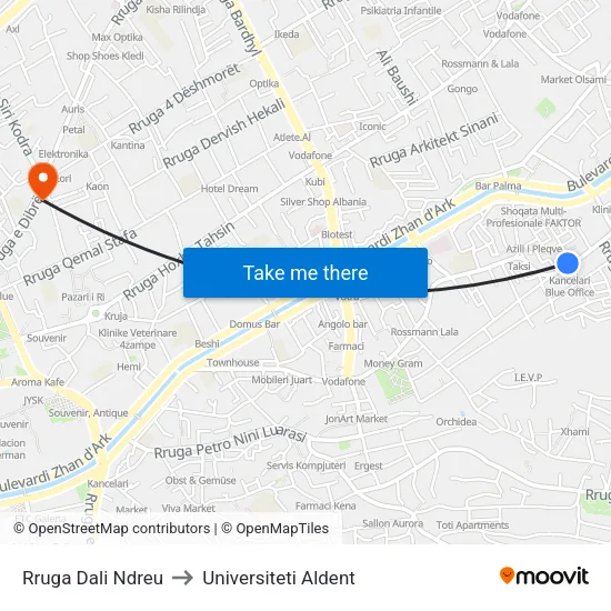 Rruga Dali Ndreu to Universiteti Aldent map