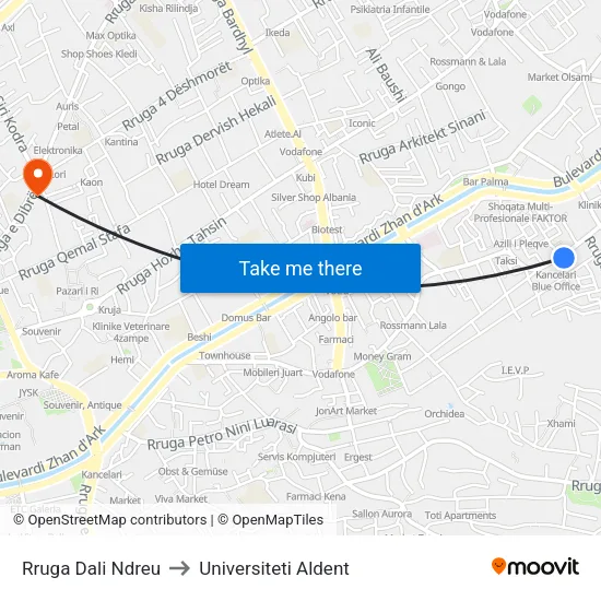 Rruga Dali Ndreu to Universiteti Aldent map