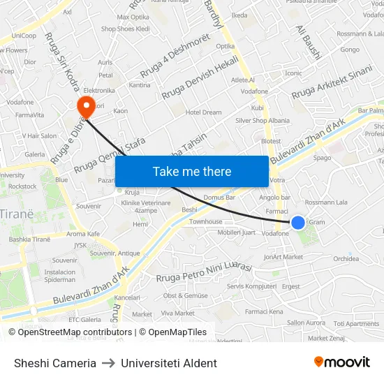 Sheshi Cameria to Universiteti Aldent map